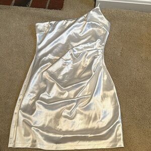 Fully lined one shoulder white satin mini dress